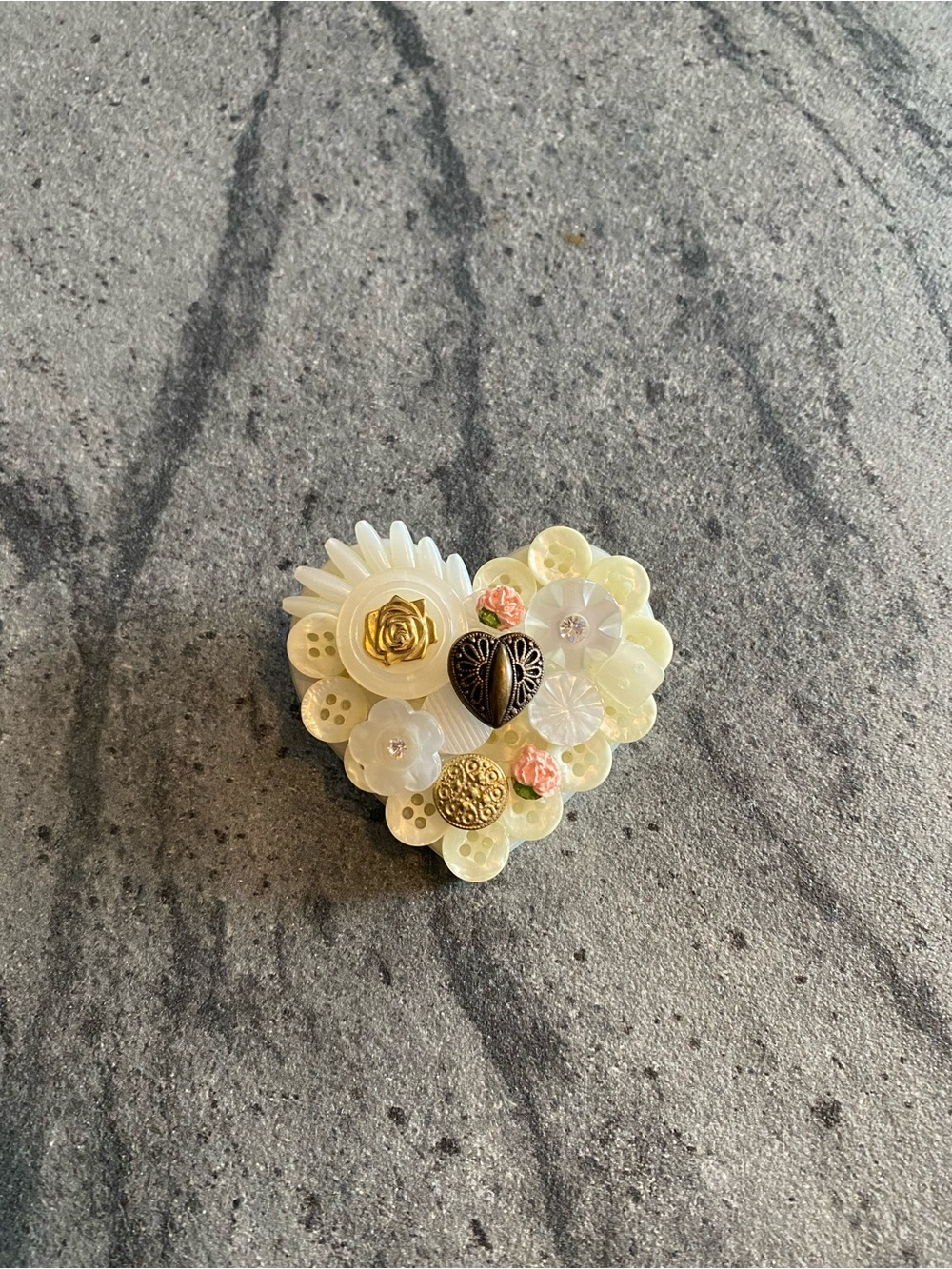 Vintage Ivory and Gold Heart Button Brooch